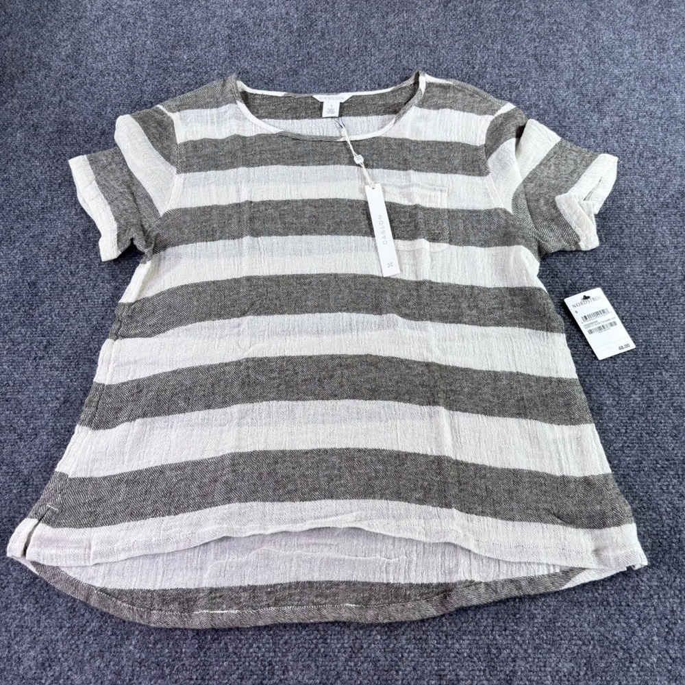 Caslon Striped Linen Blend Top Womens S Ivory Olive Green Pocket Tee NWT
